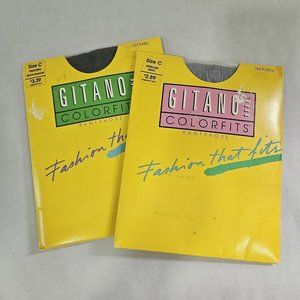 2 Vintage Gitano Colorfits Pantyhose Size C Sterling Gray Pinstripe Ebony Shadow